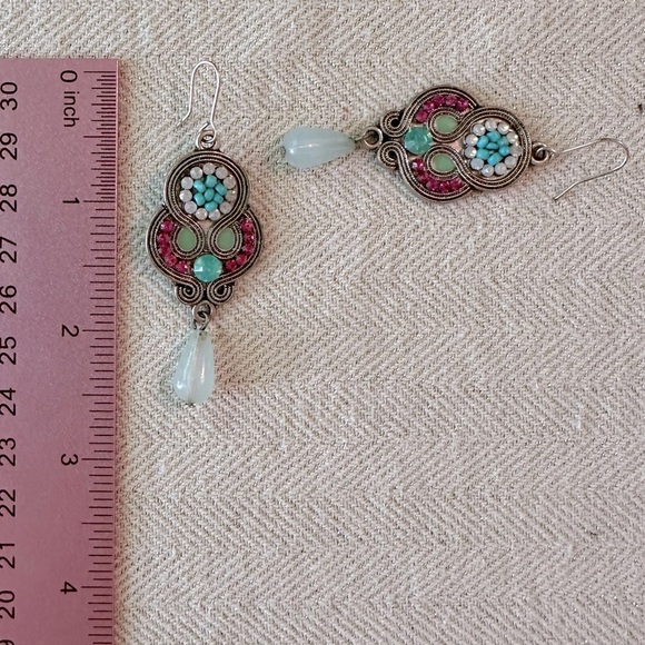 Set of 3 Earrings Green, Pink & Burnished Gold Bohemian Style Collection Bundle - Picture 5 of 12